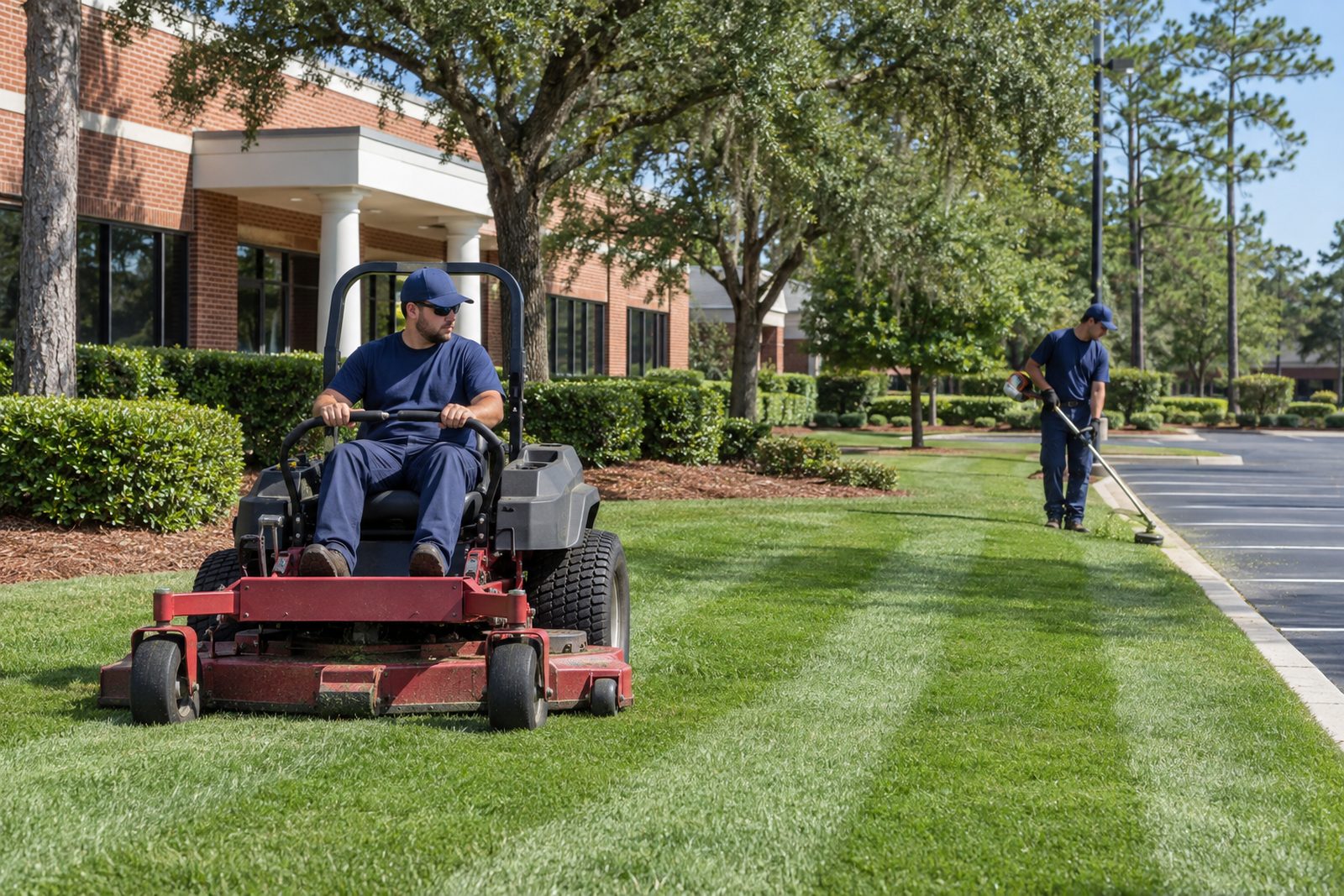 Red Rock Lawn Care crew mowing and trimming the grounds of a Mississippi office park