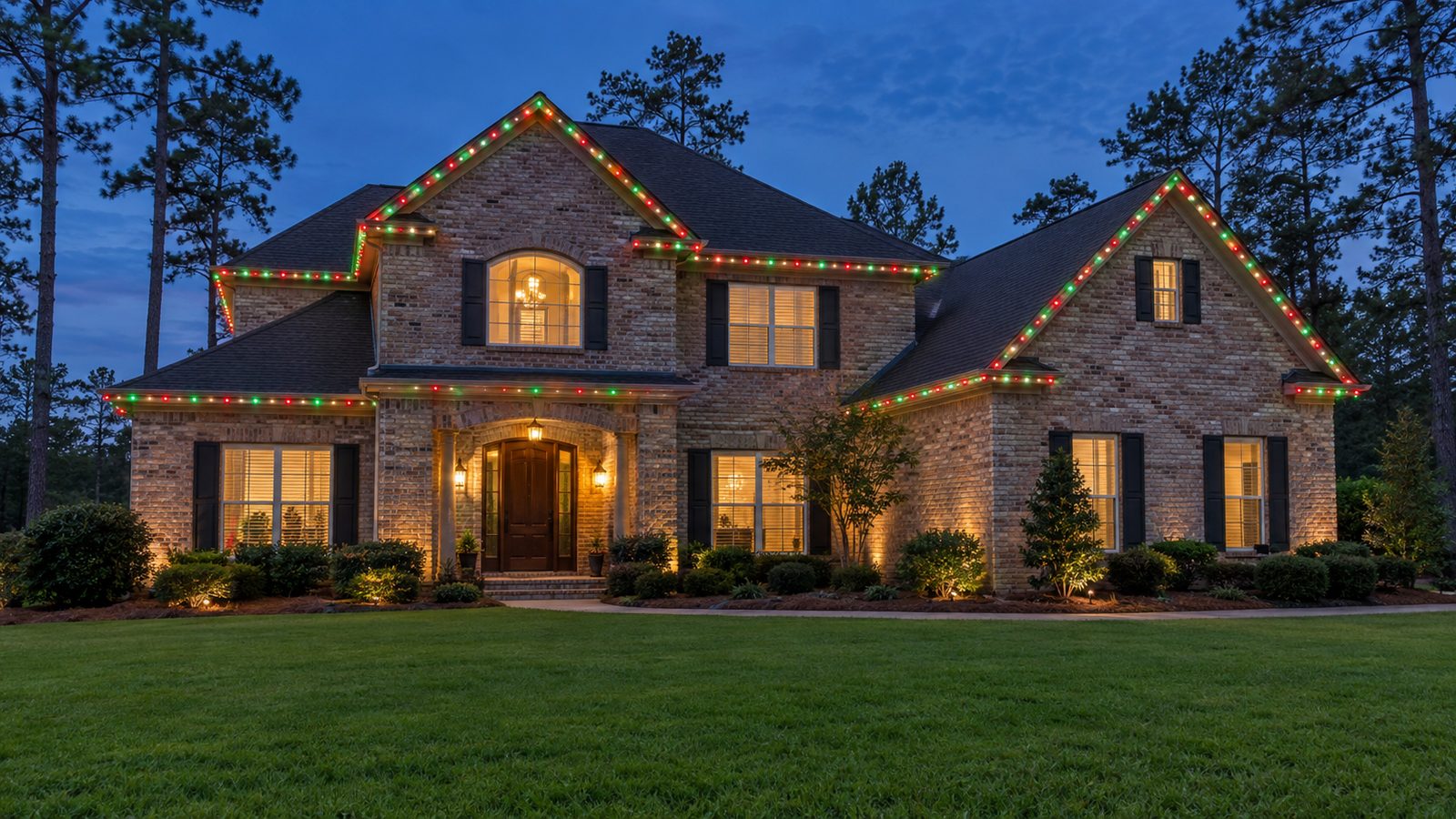 Permanent LED roofline lights glowing red and green on a brick home at dusk