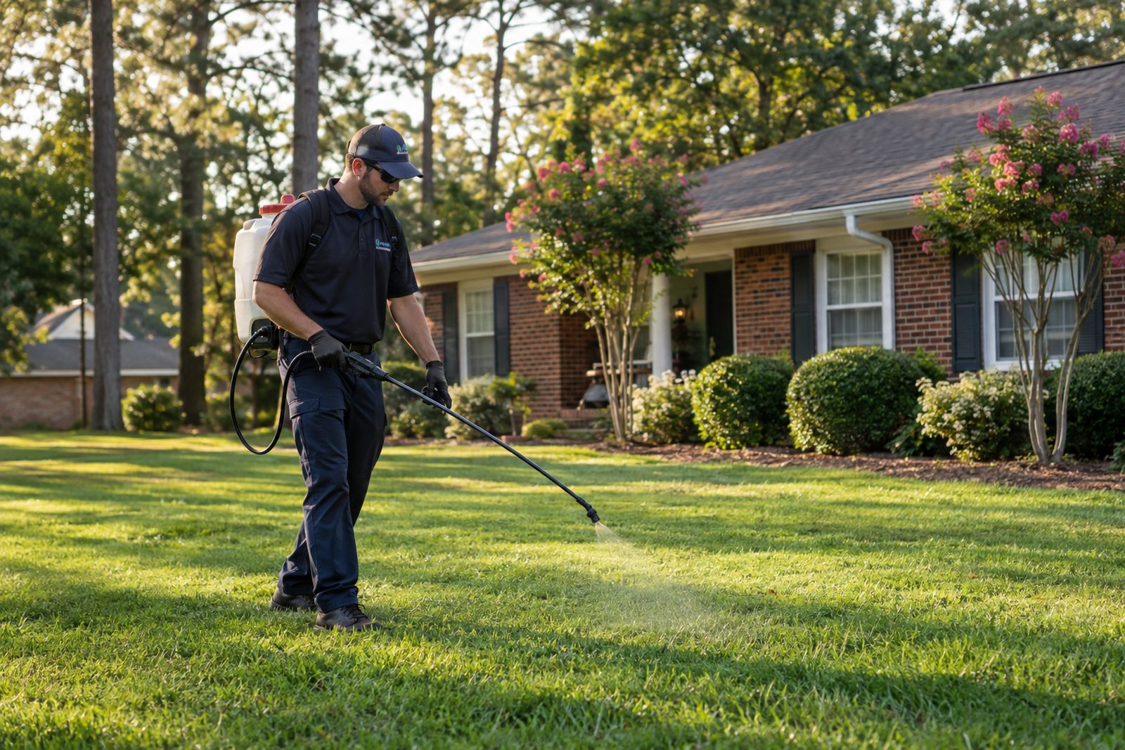 Lawn care technician applying weed control and fertilizer to a residential lawn in Flowood, MS